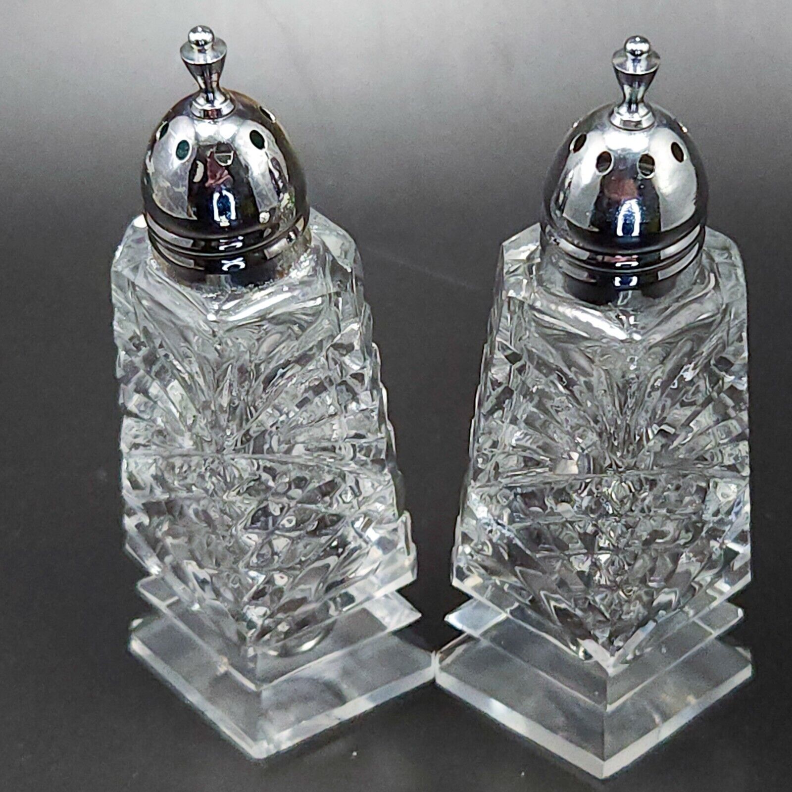 Primary image for Clear Glass Footed Salt and Pepper Shakers 4in Diamond Shape Criss-Cross and Fan
