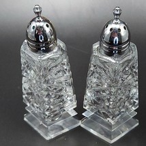 Clear Glass Footed Salt and Pepper Shakers 4in Diamond Shape Criss-Cross and Fan - $27.20