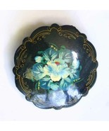 Elegant Russian Signed Black Hand-painted Flower Wooden Brooch vintage 2&quot; - £9.83 GBP