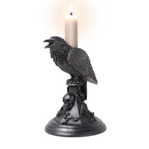 Alchemy Gothic Poe&#39;s Black Raven Tapered Candle Stick Holder Skull Wicca V109 - £26.03 GBP