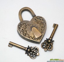 Solid Brass Love Heart Forever Carved PADLOCK with Twin 2 pieces SKELETON Keys  - £43.00 GBP