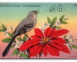 Mockingbird on Poinsettia State Bird Of Florida FL UNP Linen Postcard Z5 - $2.92