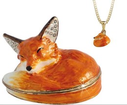 Fox Sleeping Trinket Box Pewter Enamel Hidden Treasures incl Pendant - $47.51