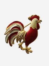 Rooster Brooch Pin Gold And Red With Rhinestone Eye Vintage Jewelry Chicken - $17.82