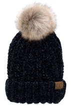 Black - Beanie Chenille Thick Cable Knit Faux Fuzzy Fur Pom Fleece Lined - £23.58 GBP