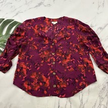 Maeve Anthropologie Floral Blouse Top Size L Burgundy Purple Red Floral Ruched - £22.87 GBP