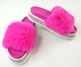 AZALEA WANG Diva Minto Rhinestone Slides Hot Pink Faux Fur Womens Size 10 EUC - £27.17 GBP