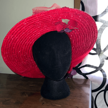 Beautiful red ladies wide brim hat with tulle and silk flower. - £30.23 GBP
