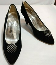 Caressa Spain Black Velvet Pumps Heels Rhinestones Leather Sole 3&quot; Heel ... - $15.88