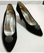 Caressa Spain Black Velvet Pumps Heels Rhinestones Leather Sole 3&quot; Heel ... - £11.94 GBP