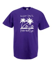 Mens T-Shirt Sunset Beach Palms &amp; Bungalows, Quote Another Day Paradise Shirts - £19.77 GBP