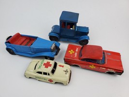Lot 4 Vintage Tin litho Cars Trucks Antique Ford Hospital Ambulance &amp; Fire Dept - £22.12 GBP