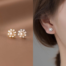 Diamond Pearl Stud Earrings For Women Dainty Pearl Earrings Studs Fine Jewerlry - £11.19 GBP