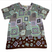 Tafford Scrub Shirt Sz S Small Purple Green Brown Geometric Nurse Vet Te... - £11.98 GBP
