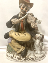 Figurines Man Playing Violin Fiddle Park Bench Dog Porcelain Vtg. Homco Statue - £27.06 GBP