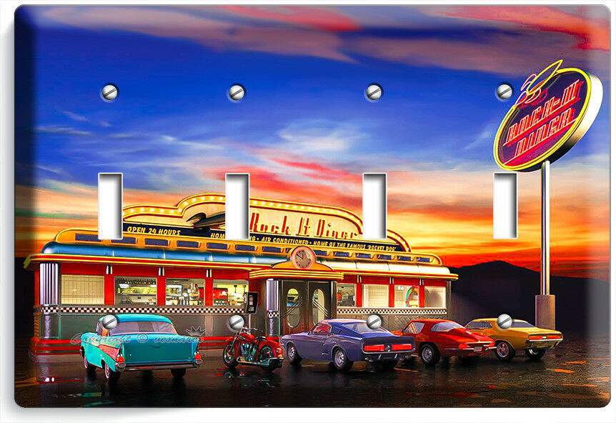 RETRO 50'S DINER CARS NEON LIGHTS LIGHT SWITCH 4 GANG WALL PLATE ROOM HOME DECOR
