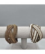 Braided Memory Wire Bracelets (2) Seed Bead Cuff White And Gold Tone Boho - $464.71 MXN
