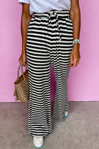 Black Stripe Lace-up Waist Casual Flared Pants - $18.51