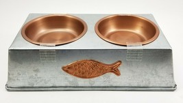Metal Dual Pet Feeder Metal. Water &amp; Food Removable Bowls. Fish Logo 10&quot; x5&quot; x3&quot; - £17.39 GBP