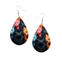 Colorful Cats Double Sided Wooden Teardrop Dangle Earrings - New - $12.99