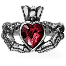 Alchemy Gothic Claddagh by Night Skeleton Hands Red Heart Crystal Ring Love R210 - £24.28 GBP