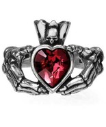 Alchemy Gothic Claddagh by Night Skeleton Hands Red Heart Crystal Ring L... - £24.19 GBP
