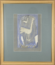 Untitled (Two Chickens on Blue Background) Framed and Matted Print 24&quot;x20 1/2&quot; - £93.29 GBP