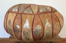 Vintage Mid Century Egyptian Leather Gold Printed Ottoman Pouf 20.5&quot; Foo... - $79.99