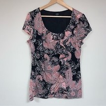 Paisley Black Pink Draped Ruffle Blouse Women’s XL Shirt Top Flowy Loose... - £22.10 GBP