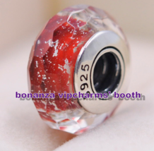 925 Sterling Silver Handmade Moments Red Shimmer Faceted Murano Glass Ch... - $6.60