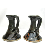 Art Pottery Pair of Black/Gray/Brown Glazed Candlestick Holders Cut Out Signed