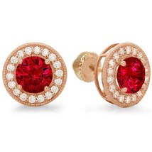 3.50CT Simulated Ruby Diamond Halo Stud Earrings 14K Rose Gold Plated Silver - £78.24 GBP