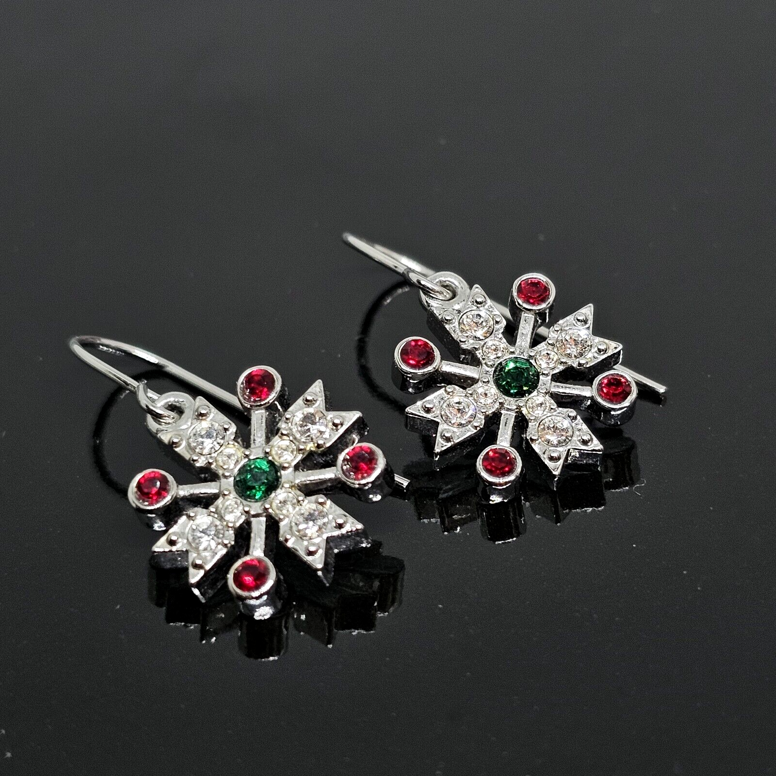 Primary image for Swarovski Swan White Green Red Crystal Snowflake Dangle Earrings Silver Tone