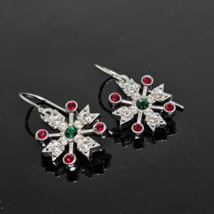 Swarovski Swan White Green Red Crystal Snowflake Dangle Earrings Silver Tone - £23.39 GBP