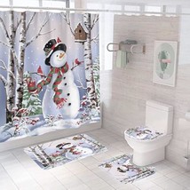 4Pcs Christmas Snowman Shower Curtain Sets Winter Snowflake Blue Bathroom Set De - $39.99