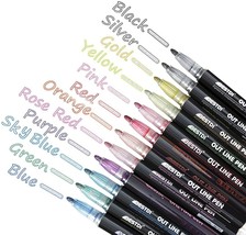 12 Color Outline Metallic Markers Double Line Pens for Art, Drawing, Handicrafts - £15.74 GBP