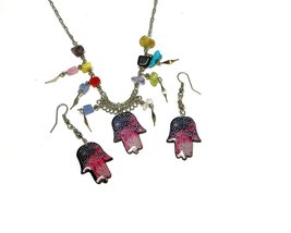 Mia Jewel Shop Hamsa Hand Graphic Dangle Earrings and Matching Multicolored Chip - £14.00 GBP