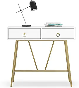 Modern Home Office Desk, 35.4 Inch Makeup Vanity Table White Study Desk 2 Drawer - £203.75 GBP