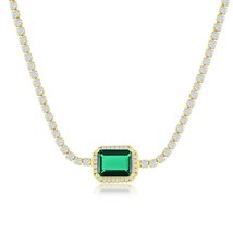 Sterling Silver Asscher-Cut Emerald &amp; CZ Tennis Choker - Gold Plated - £96.97 GBP
