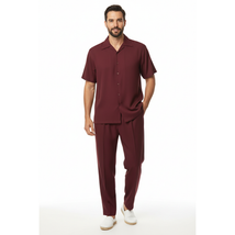 Men INSERCH 2pc Walking Leisure Suit Shirt Pants Set Short Sleeves 9356 Burgundy image 2