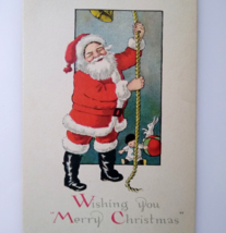 Santa Claus Christmas Postcard Ringing Bell Toy Rabbit Doll Unused Gibson - £13.03 GBP