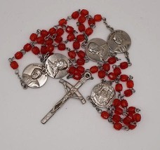 Red Plastic Beaded Chain Rosary Necklace Cross Pendant Pope Charms - £19.50 GBP