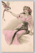 Art Nouveau Woman Goddess Pink Dress With Parrot Hand Colored c1900 Postcard A38 - £31.75 GBP
