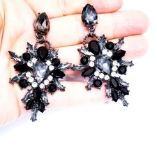 Rhinestone Drop Earrings, Black Crystal Earrings, Bridal Prom Pageant Jewelry, D - £28.34 GBP