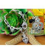 Heart Bracelet Silver Tone Metal Black Beads Rhinestones Dangles Loops - £16.70 GBP