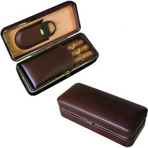 Cigar Case Travel Leather Portable Cedar Wood With Cutter 3 Tube Brown Box Gift - £28.17 GBP