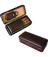 Cigar Case Travel Leather Portable Cedar Wood With Cutter 3 Tube Brown B... - £27.87 GBP