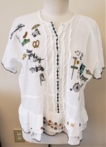 Johnny Was Embroidered Blouse Sz-M White 100%Cotton - £138.01 GBP