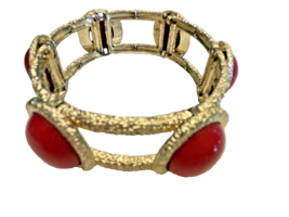 Bracelet Gold Red Stone Costume Jewelry Stretch Band Unmarked Vintage - £14.09 GBP