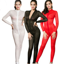 Women&#39;s Long Sleeve Sheer Jumpsuit Double Zipper Crotch Teddy Leotard Bodysuit - £15.77 GBP